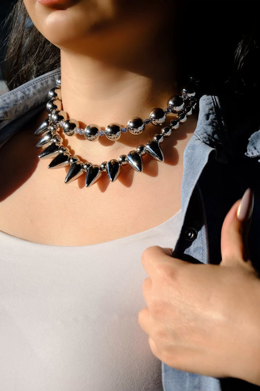 Sıralı Tek Taş Detay Silver Topçuk Choker Kolye