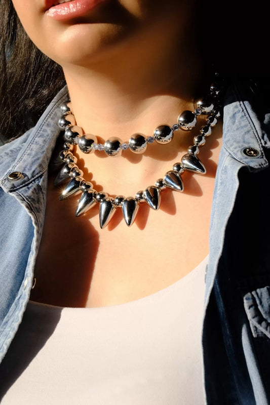 Sıralı Tek Taş Detay Silver Topçuk Choker Kolye