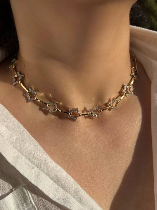 Taşlı Yıldız Sıralı Gold Choker Kolye